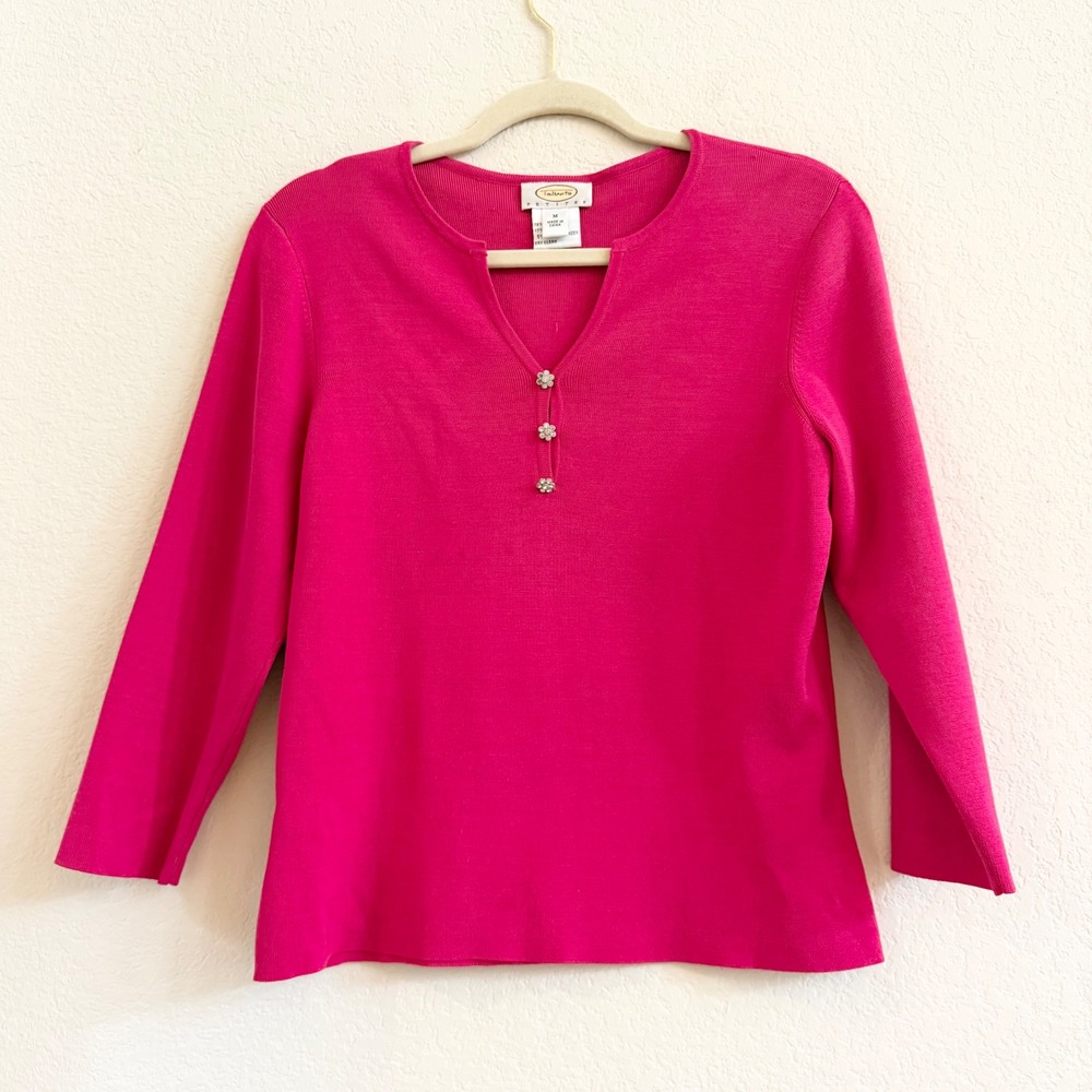 Talbots Petites Silk Blend Hot Pink 3/4 Sleeve Rhinestone Flower Sweater M